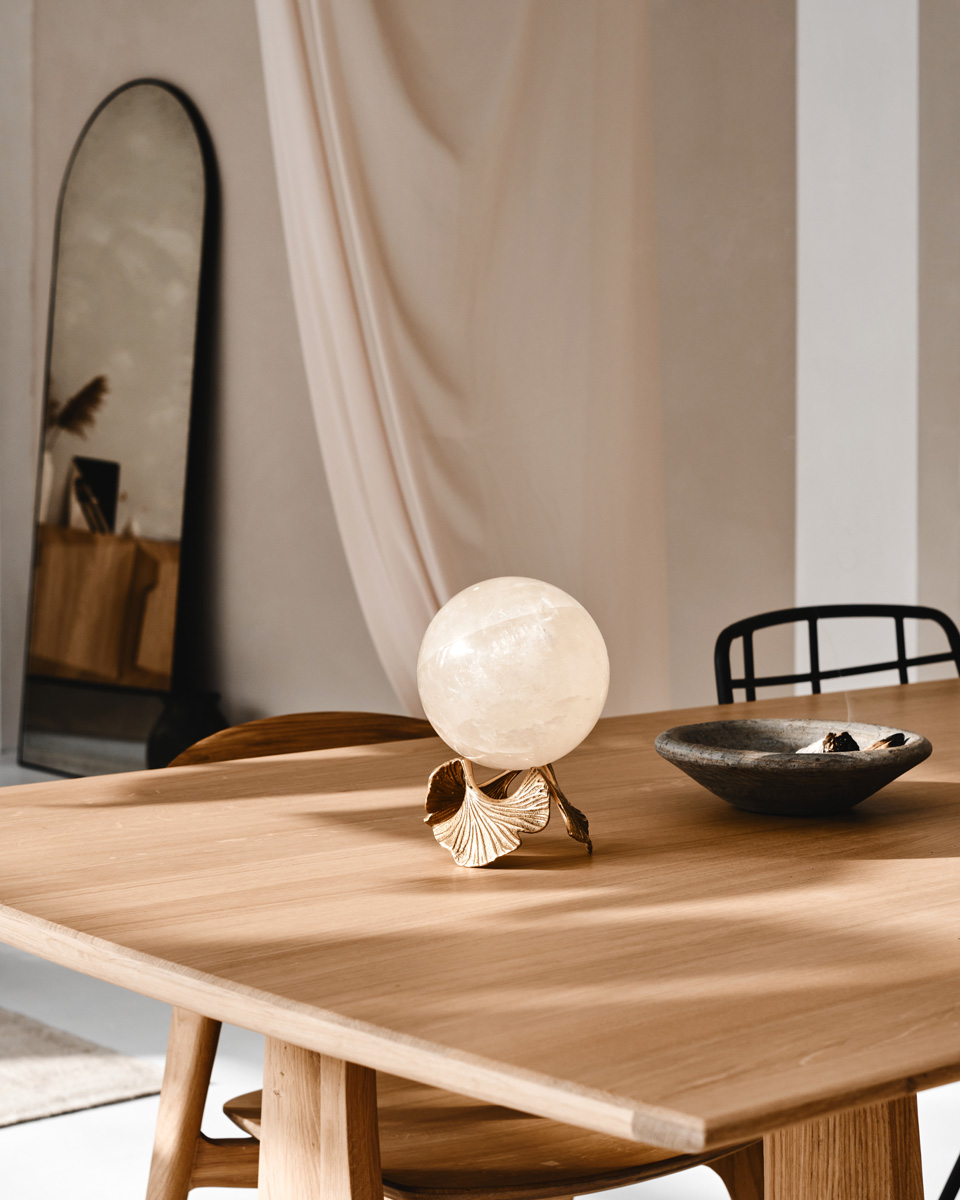 House of Formlab Honey Calcite Sphere on Ginko Leaf Stand